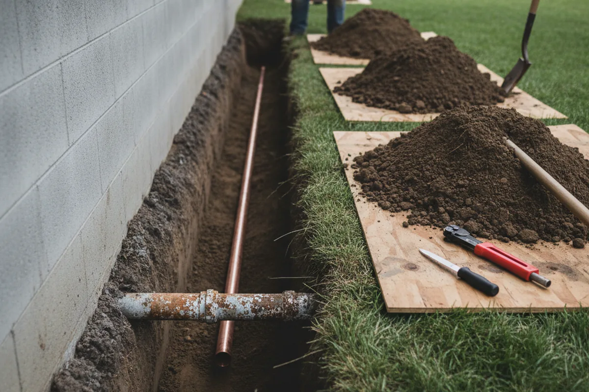 Excavated water line trench during Sewer Line Repair in Ruffin